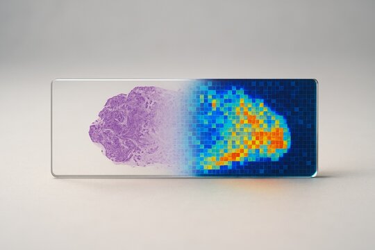 A composite image of a single-cell spatial transcriptomics tissue slide analysis.