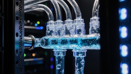 Close-up of a liquid cooling data center manifold with flowing blue coolant.