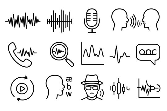 Voice Forensics Icons. Line style icons of voice and speech forensics: waveform icon, voiceprint chart, microphone input, voice