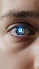 A futuristic person's eye with a glowing blue microchip pupil.