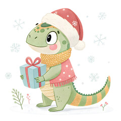 Naklejka premium Festive lizard character donning santa hat, warm scarf, clutching christmas gift among softly falling snowflakes, adding whimsical holiday cheer