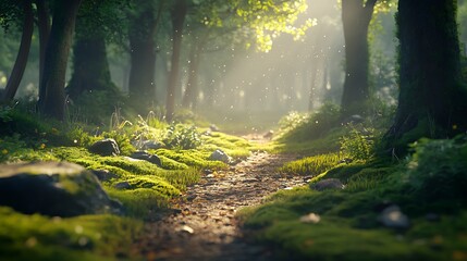 Moss covered woodland path glowing under sunlight high resolution picture