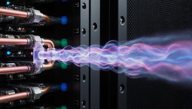 A macro shot of a liquid cooling data center manifold with glowing plasma energy.