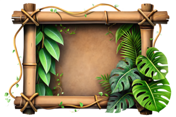Bamboo frame with lush green tropical leaves isolated on a transparent background