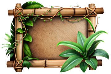 Bamboo frame with green leaves and vines isolated on a transparent background border