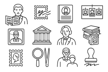 Fototapeta premium Philatelic Icons. Line style icons of famous philatelists and legacy: portrait icon with album, signed stamp card, collector