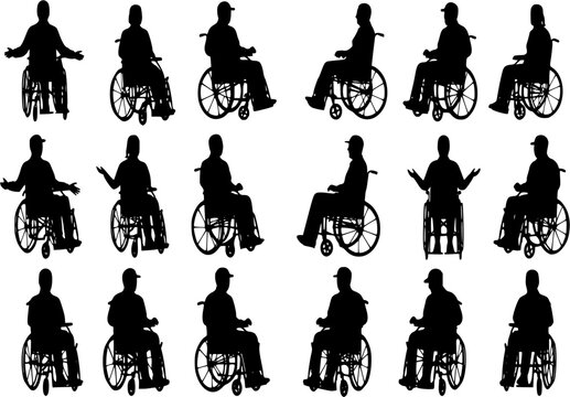 Group people in wheelchair different ages in various poses vector silhouette set collection
