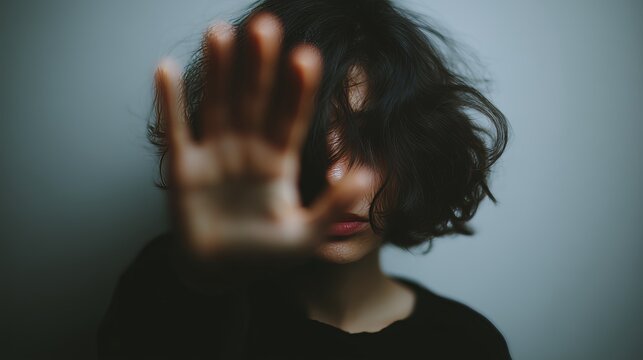 A woman with dark hair obscures her face, extending a hand forward in a defensive gesture against a neutral backdrop.