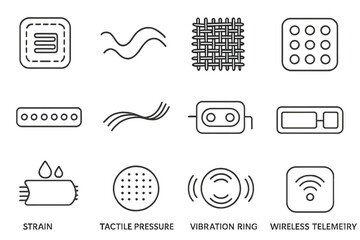 Textile Sensor Icons. Line style icons of textile sensors: strain gauge patch, motion tracking line, respiration sensor weave,