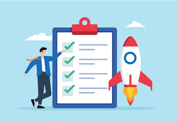 Flat illustration of brand strategist present rocket and checklist launch startup start project and business development