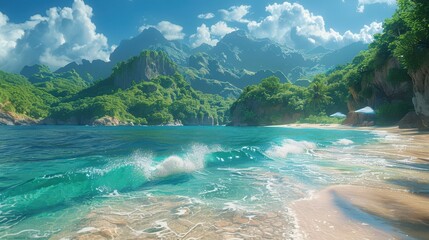 Fototapeta premium Tropical Beach Waves Crashing Against Lush Green Mountain Coastline