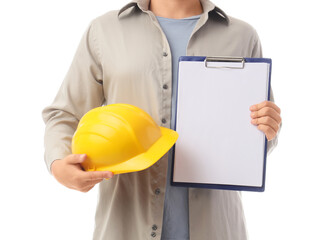 Man with hardhat and clipboard on white background