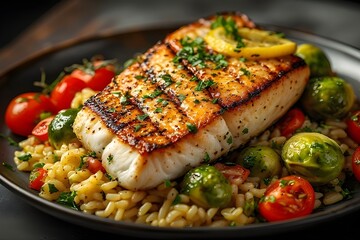 grilled cod fillet on top of lemon garlic orzo with tomatoes and brussel sprouts
