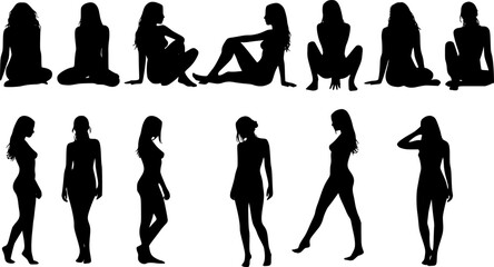 Vector detailed silhouettes set of beautiful sexy women various lying, sitting and standing poses isolated on white background.
