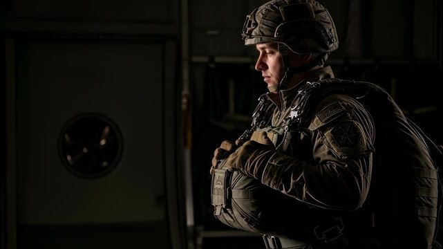 Soldier in helmet and tactical gear prepares for military parachute jump in aircraft interior, action footage.