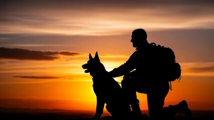 Man soldier and his dog companion in silhouette against vibrant sunset sky, military service animal concept footage.