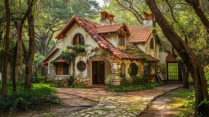 Enchanting fairy tale cottage nestled amongst lush green forest trees