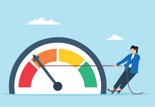 Flat illustration of businesswoman pull meter down reducing risk level red alert to green reduce stress decrease anxiety or danger indicator