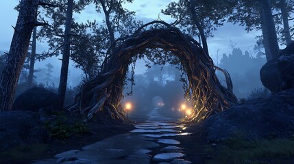 Mysterious woodland glowing with golden arch high resolution picture