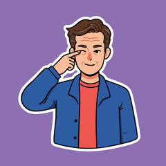 Young man winking and pointing to eye with blue jacket and red shirt on purple background vector illustration 