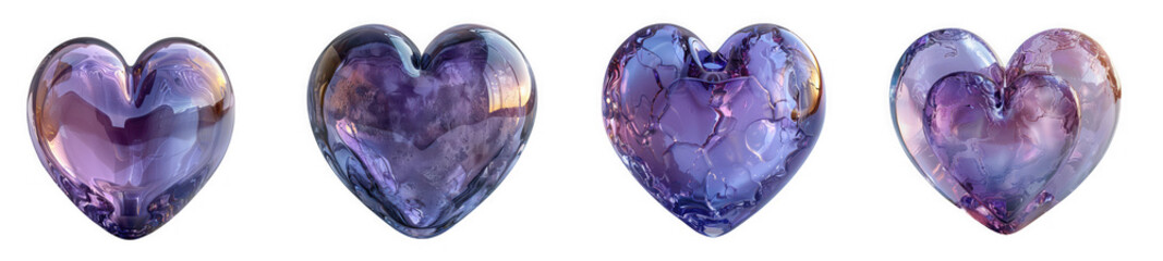 Four purple heart shaped beads isolated on transparent background, perfect for jewelry making, crafting, or adding a touch of love to any project, valentines day
