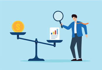 Flat illustration of businessman using magnifier to weigh coin and chart sheet on balance scale for financial analysis and decision making