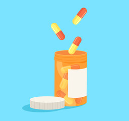 Red and yellow capsule pills fall into medication bottle isolated on blue background. Concept of cure, patient sickness, phamacy, medicine, drugs, health, hospital, illness. Flat vector illustration.