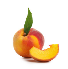 Sweet ripe peach with leaf on white background