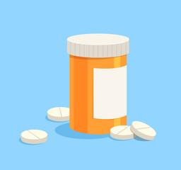 Medicine bottle with white tablet pills isolated on blue background. Medical cure medication. Pharmacy treatment, health care, vitamin, aspirin, painkiller. Flat vector illustration.