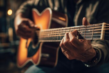 Fototapeta premium Musician plays guitar in a cozy setting during an evening jam session with warm lighting