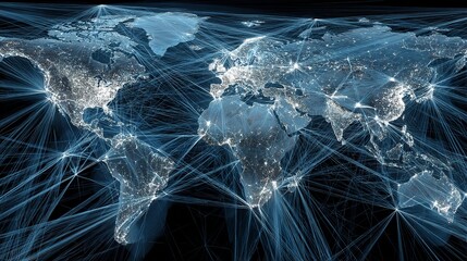 Global network of light trails connecting cities across continents, visualizing worldwide communication and transportation pathways in a dynamic, futuristic map
