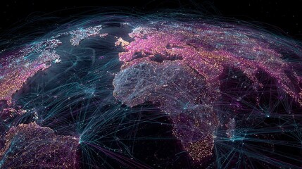 Dynamic global network visualization connecting continents with vibrant digital light trails, illustrating modern connectivity and worldwide data flow.