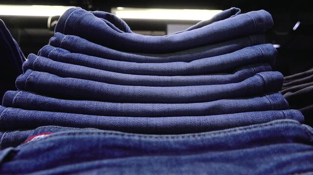 Close-up view of a neatly stacked pile of blue denim jeans on display in a clothing store under bright lights, showcasing fabric texture and folds.

