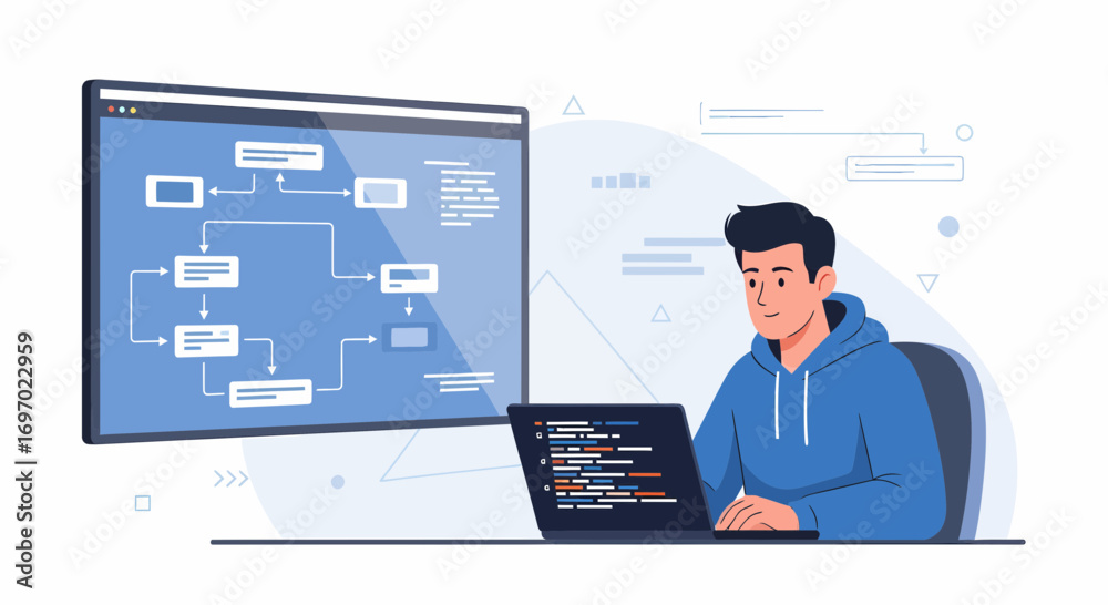 Wall mural developer working on software application with laptop and flowchart