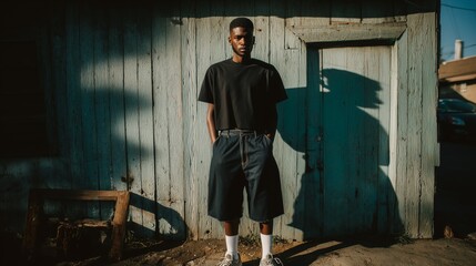 Obraz premium Teen standing against a weathered wooden wall in sunlight, casting shadows, creating a contemplative and moody atmosphere.