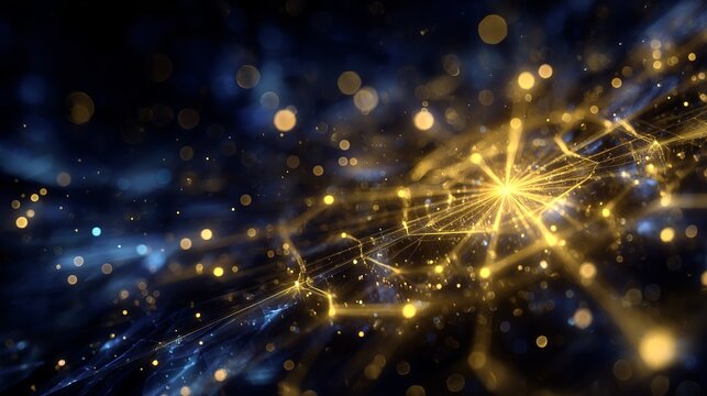 Stunning abstract digital art with glowing golden network connections and bokeh lights on dark background, symbolizing innovation and data flow