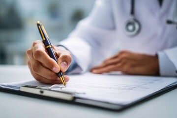 Fototapeta premium Medical professional completing patient documentation in a bright clinic setting during the day
