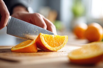 Slicing fresh oranges in a bright kitchen during morning preparation
