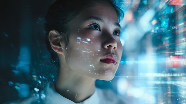 Visionary young woman immersed in glowing futuristic digital data streams, exploring future technology and innovation