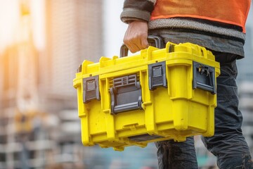 Worker carries yellow toolbox at construction site during sunset near urban buildings