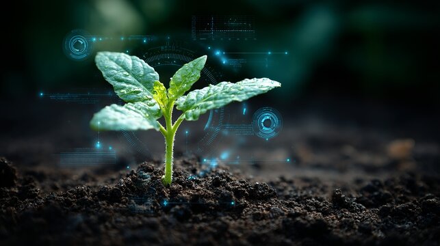Nurturing growth with advanced technology, a vibrant green sprout emerges from rich soil under a futuristic digital overlay