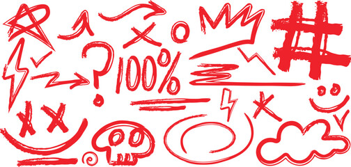 Hand-drawn Vector Icons Set of Doodle Symbols and Marks. Red Scribbles, Arrows, and Emoticons.