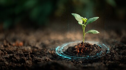 Emerging seedling thrives with futuristic digital growth technology, symbolizing innovation and sustainable development in agriculture