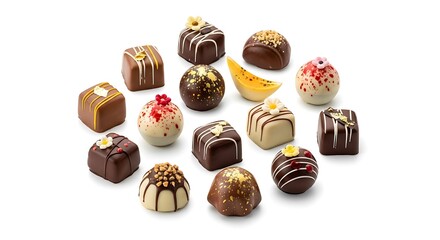 Assortment of Gourmet Chocolates Arranged Artfully Isolated on a Clean White Background for Sweet Indulgence