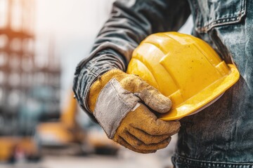 Construction worker holds yellow hard hat at a busy construction site during daylight hours