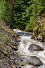 The beautiful valley of a mountain river in Khevsureti, Georgia.