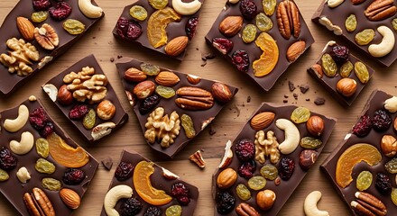 Delicious Chocolate Bark Topped With Assorted Nuts And Dried Fruits Scattered On A Wooden Surface A Tempting Sweet Treat For Snacks And Desserts