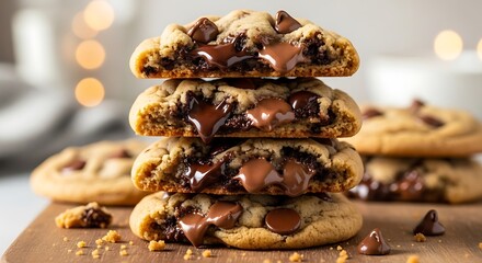 Deliciously gooey chocolate chip cookies stacked high on a wooden board showcasing rich melted chocolate chips perfect for a sweet indulgent treat