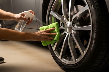 Cleaning Car Wheel With Spray And Cloth
