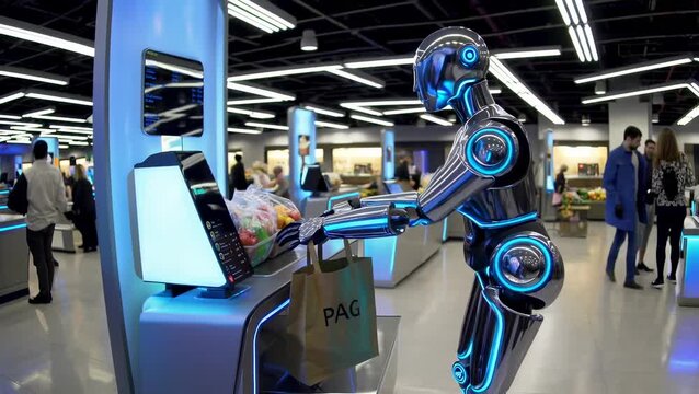 Futuristic Robot Shopping in a High-Tech Grocery Store